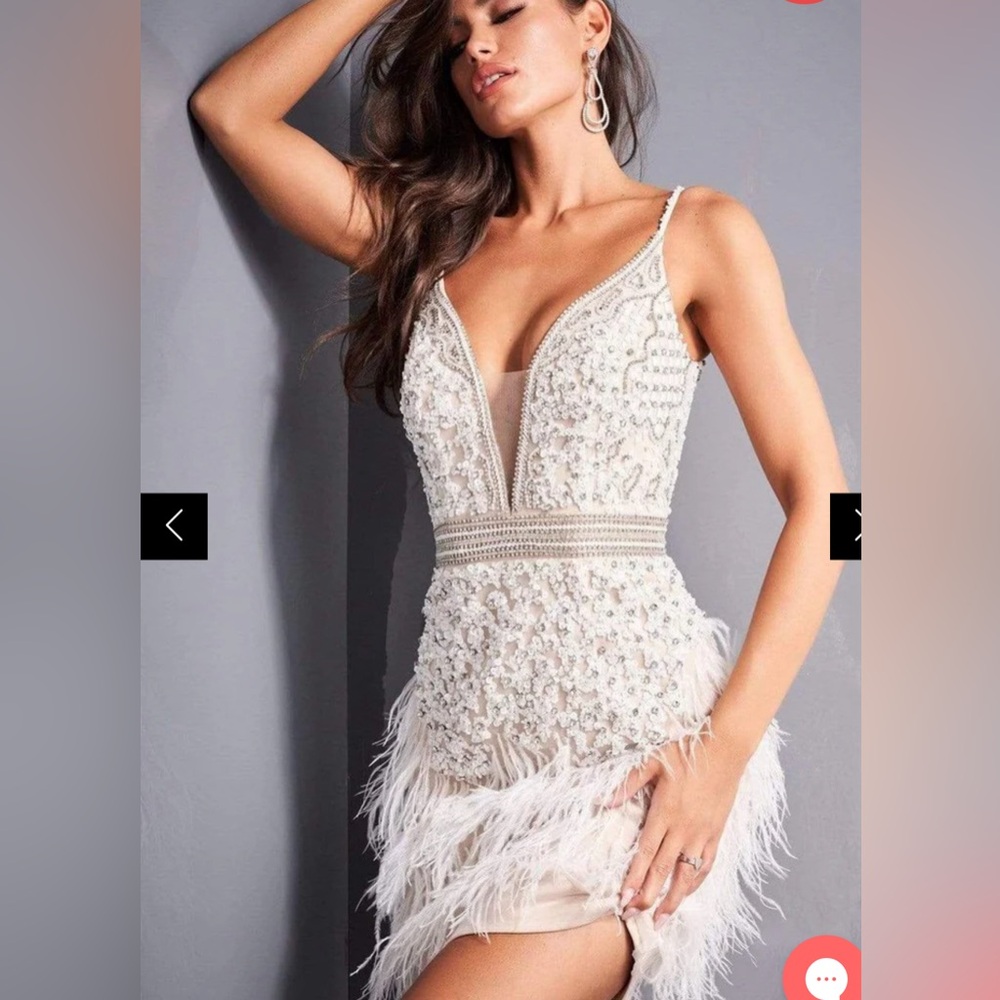 Jovani - 04624 Beaded Deep V Neck Feathered Sheath Dress prom wedding ivory